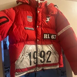 Ralph Lauren Red and Silver Graphic Puffer Jacket